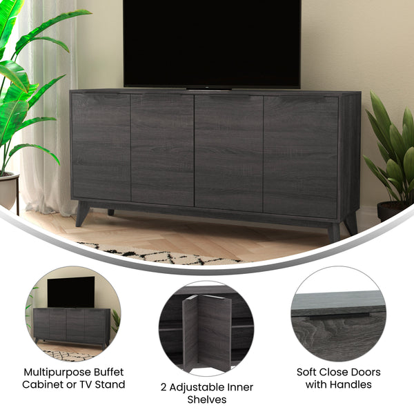 Black Wash |#| 60" Buffet Cabinet with 4 Soft Close Doors and Adjustable Shelves - Black Wash