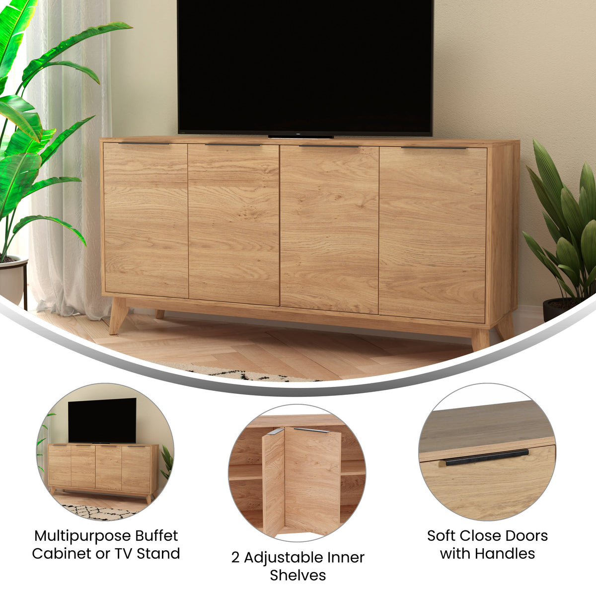 Light Natural |#| 60" Buffet Cabinet with 4 Soft Close Doors and Adjustable Shelves - Lt Natural