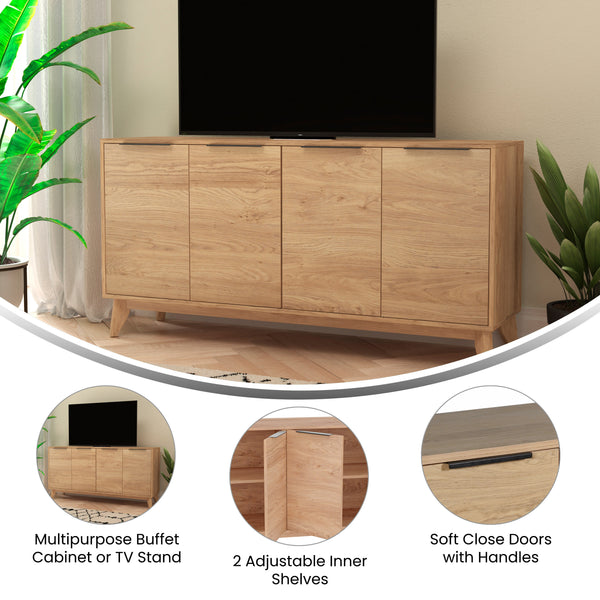 Light Natural |#| 60" Buffet Cabinet with 4 Soft Close Doors and Adjustable Shelves - Lt Natural