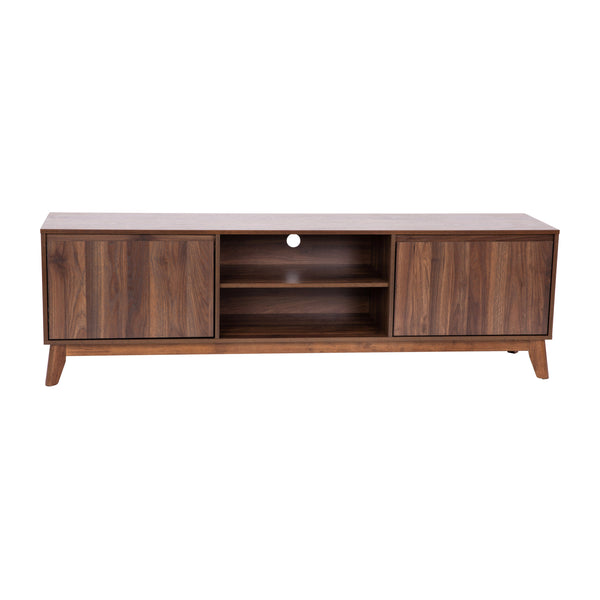 71" |#| Walnut 70" TV Stand with Adjustable Middle Shelf - Dual Soft Close Storage Doors