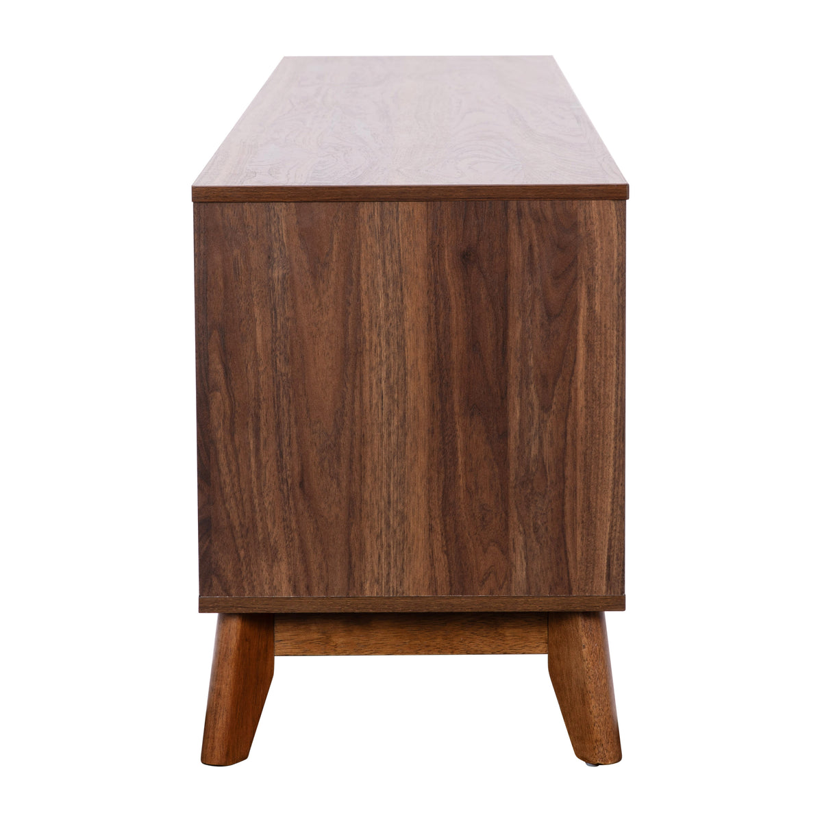 71" |#| Walnut 70" TV Stand with Adjustable Middle Shelf - Dual Soft Close Storage Doors