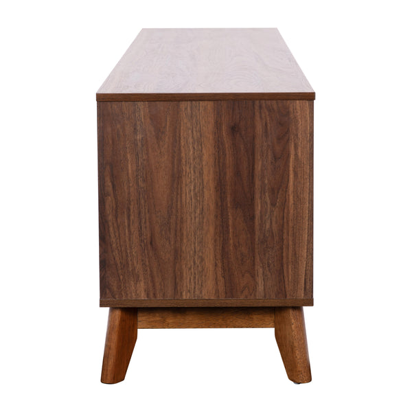 71" |#| Walnut 70" TV Stand with Adjustable Middle Shelf - Dual Soft Close Storage Doors