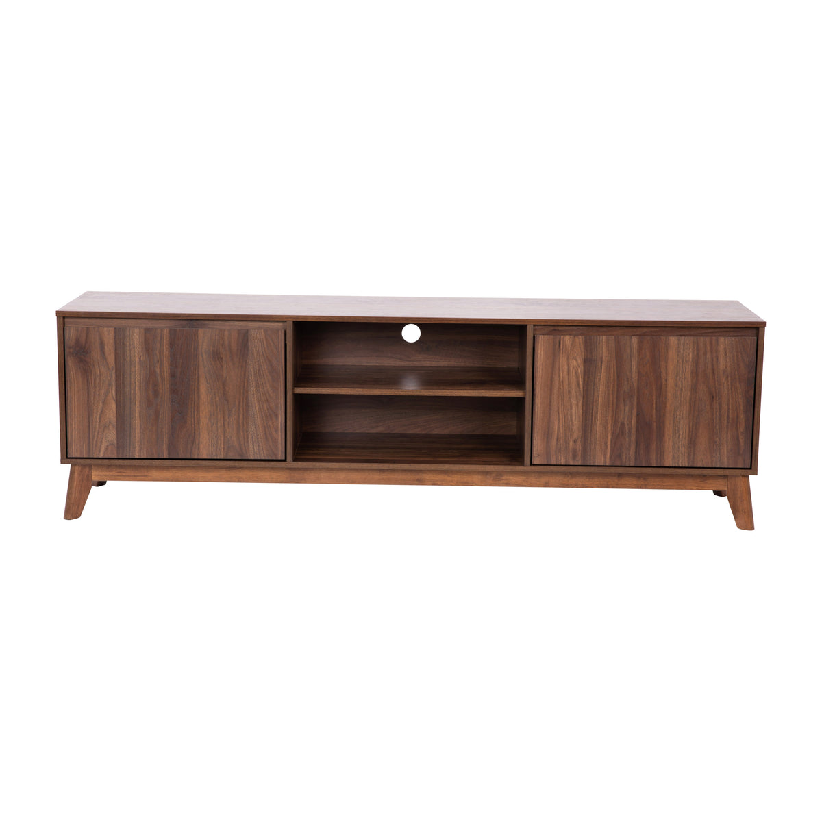 71" |#| Walnut 70" TV Stand with Adjustable Middle Shelf - Dual Soft Close Storage Doors