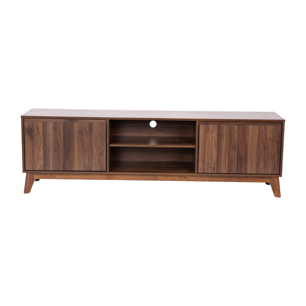 71" |#| Walnut 70" TV Stand with Adjustable Middle Shelf - Dual Soft Close Storage Doors