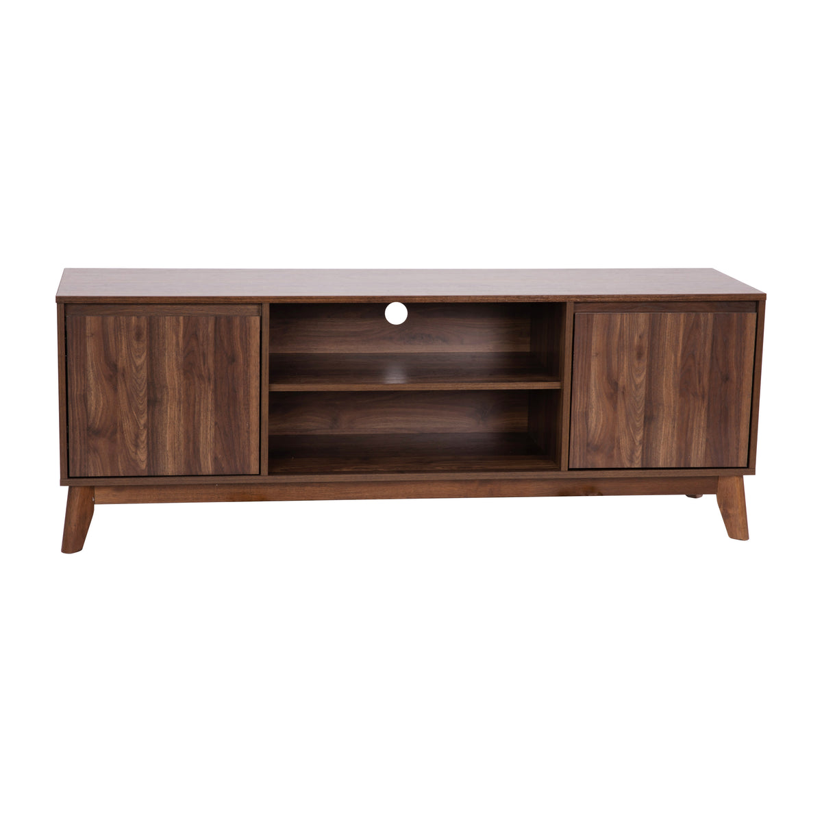 59" |#| Walnut 60" TV Stand with Adjustable Middle Shelf - Dual Soft Close Storage Doors