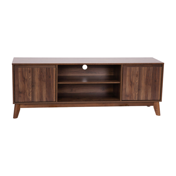 59" |#| Walnut 60" TV Stand with Adjustable Middle Shelf - Dual Soft Close Storage Doors