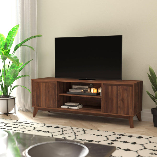 59" |#| Walnut 60" TV Stand with Adjustable Middle Shelf - Dual Soft Close Storage Doors