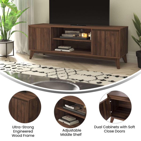 59" |#| Walnut 60" TV Stand with Adjustable Middle Shelf - Dual Soft Close Storage Doors