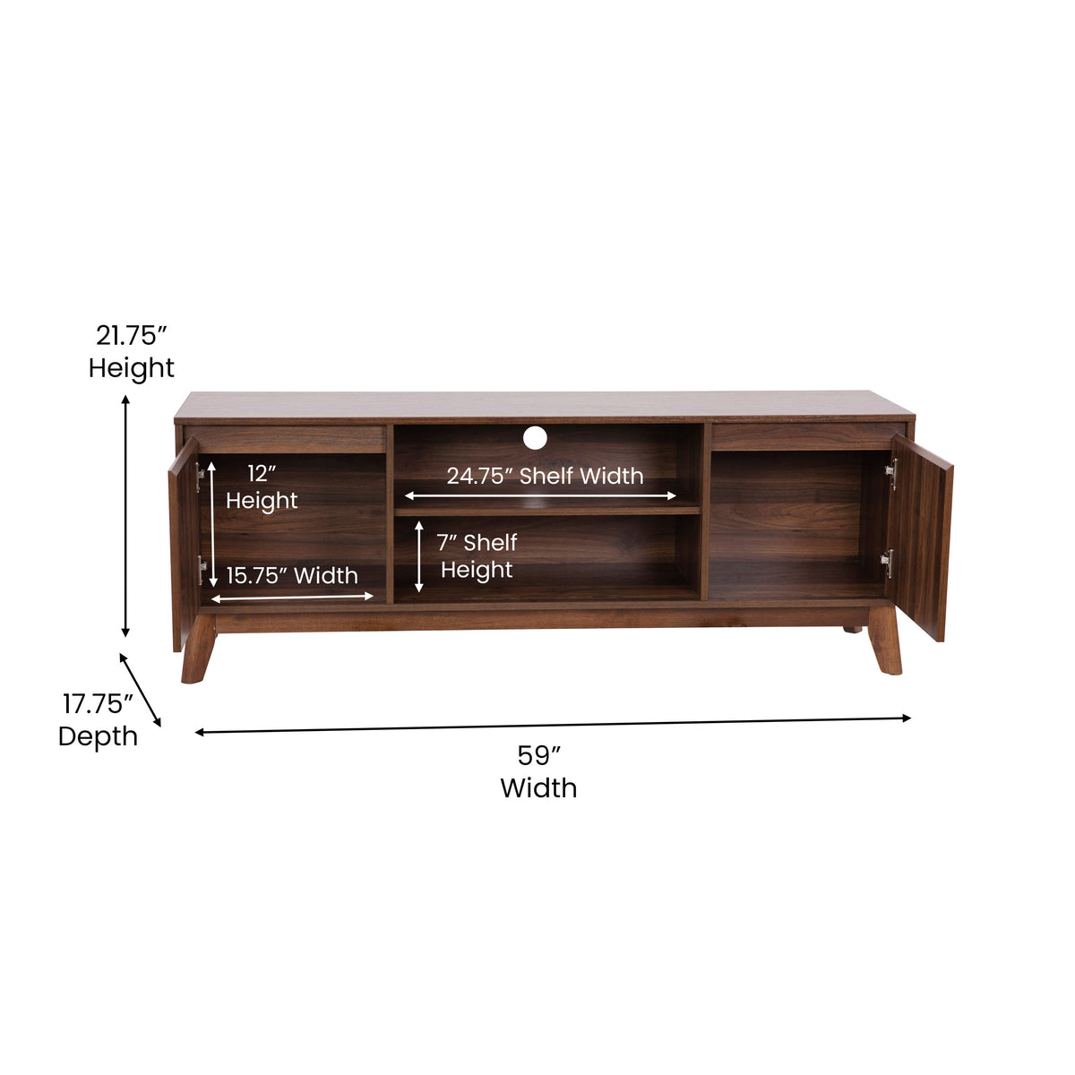 59" |#| Walnut 60" TV Stand with Adjustable Middle Shelf - Dual Soft Close Storage Doors