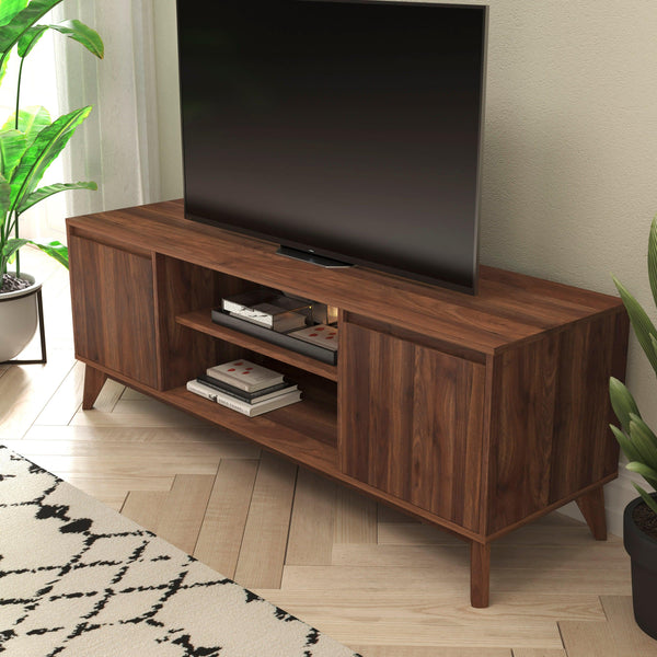 59" |#| Walnut 60" TV Stand with Adjustable Middle Shelf - Dual Soft Close Storage Doors