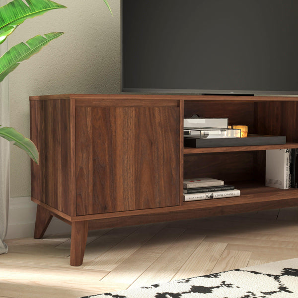 59" |#| Walnut 60" TV Stand with Adjustable Middle Shelf - Dual Soft Close Storage Doors