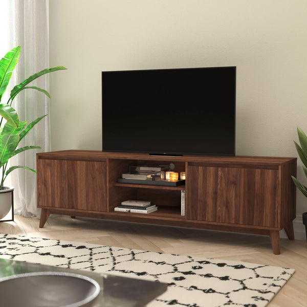 71" |#| Walnut 70" TV Stand with Adjustable Middle Shelf - Dual Soft Close Storage Doors