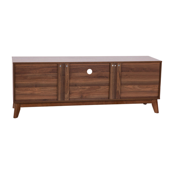 59" |#| Walnut 60" TV Stand with Adjustable Middle Shelf - Dual Soft Close Storage Doors