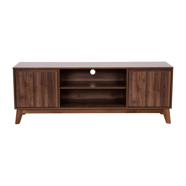 59" |#| Walnut 60" TV Stand with Adjustable Middle Shelf - Dual Soft Close Storage Doors