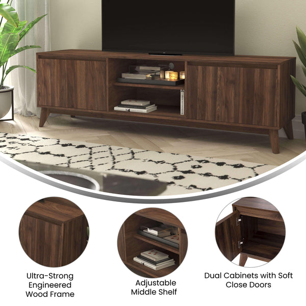 71" |#| Walnut 70" TV Stand with Adjustable Middle Shelf - Dual Soft Close Storage Doors