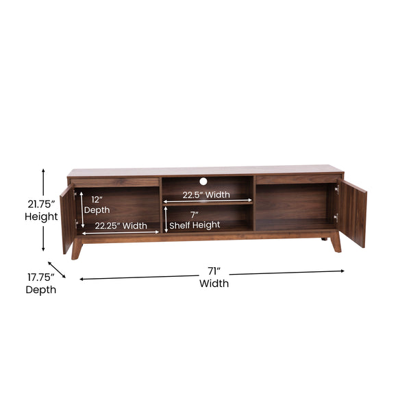 71" |#| Walnut 70" TV Stand with Adjustable Middle Shelf - Dual Soft Close Storage Doors
