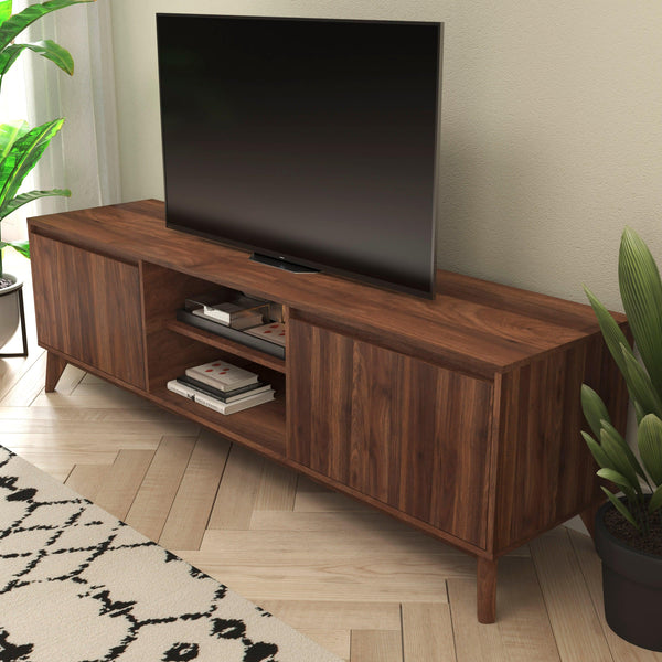 71" |#| Walnut 70" TV Stand with Adjustable Middle Shelf - Dual Soft Close Storage Doors