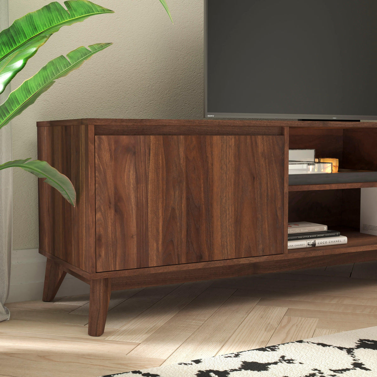 71" |#| Walnut 70" TV Stand with Adjustable Middle Shelf - Dual Soft Close Storage Doors