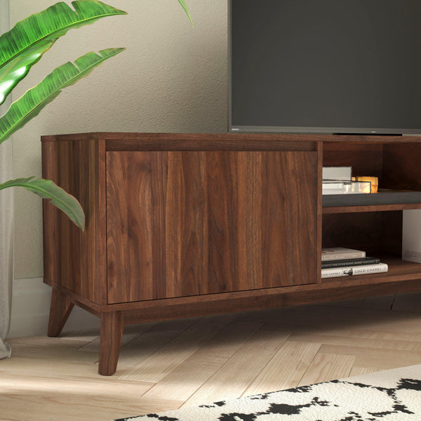 71" |#| Walnut 70" TV Stand with Adjustable Middle Shelf - Dual Soft Close Storage Doors