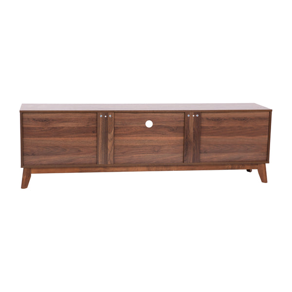 71" |#| Walnut 70" TV Stand with Adjustable Middle Shelf - Dual Soft Close Storage Doors