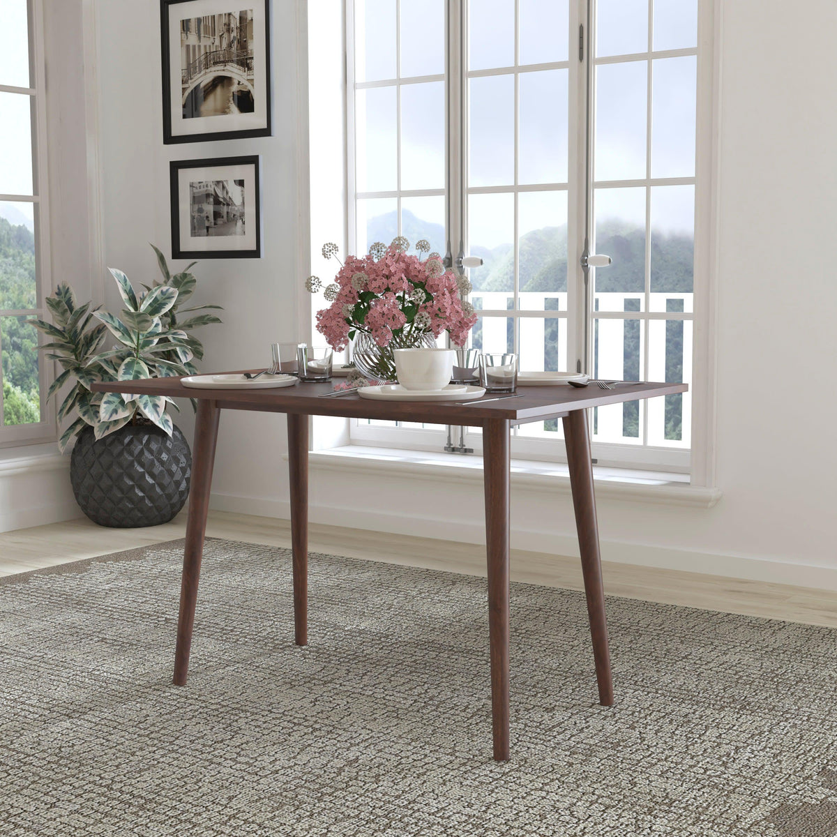 Mid-Century Modern Wooden Dining Table with Tapered Legs in Dark Walnut-Seats 4