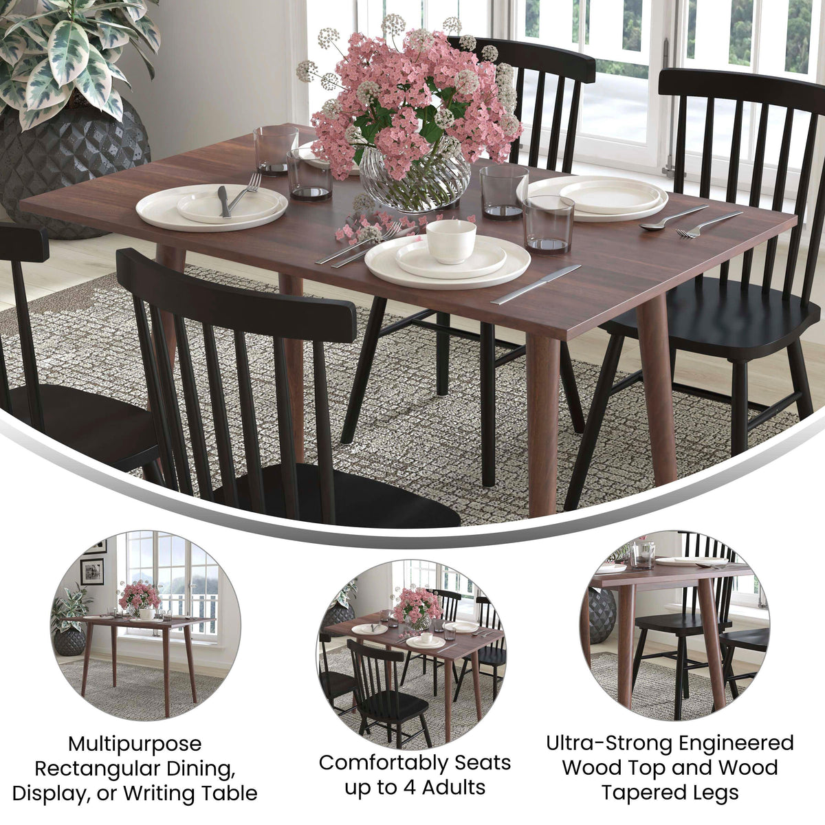 Mid-Century Modern Wooden Dining Table with Tapered Legs in Dark Walnut-Seats 4