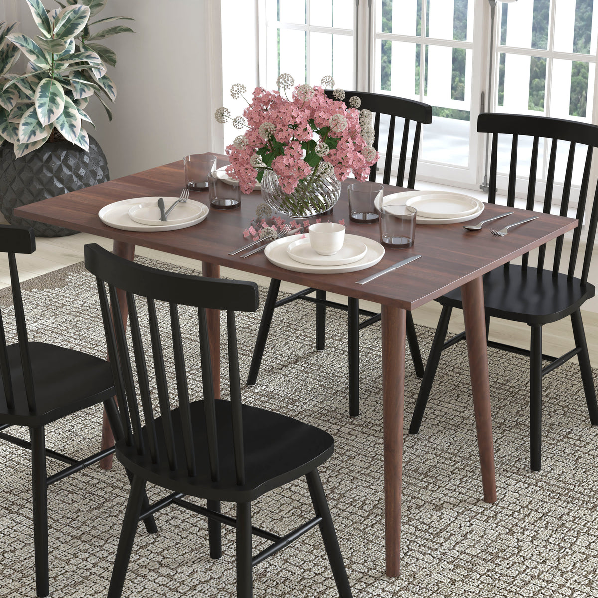 Mid-Century Modern Wooden Dining Table with Tapered Legs in Dark Walnut-Seats 4