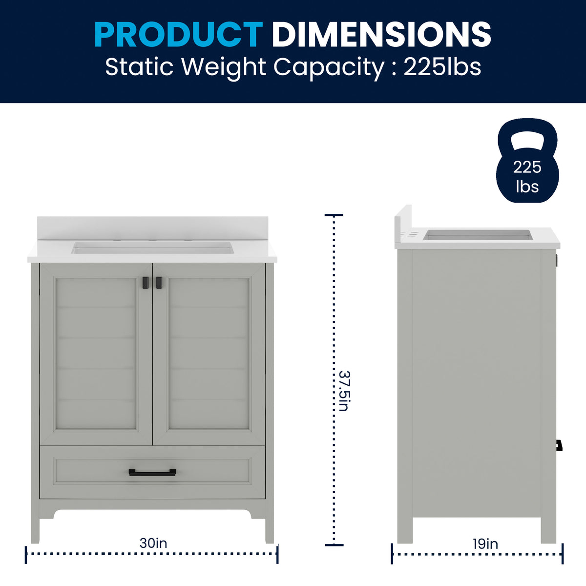 Gray Frame/Black Hardware,30" |#| 30 Inch Bathroom Vanity with Undermount Sink, Cabinet, and Drawer in Gray