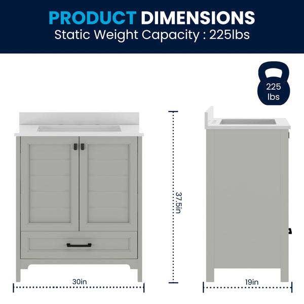 Gray Frame/Black Hardware,30" |#| 30 Inch Bathroom Vanity with Undermount Sink, Cabinet, and Drawer in Gray