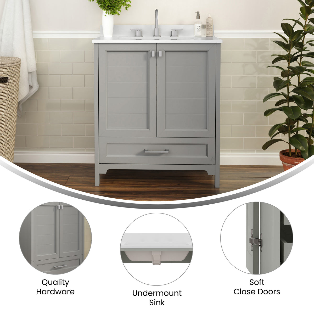 Gray,30" |#| 30 Inch Bathroom Vanity with Undermount Sink, Cabinet, and Drawer in Gray