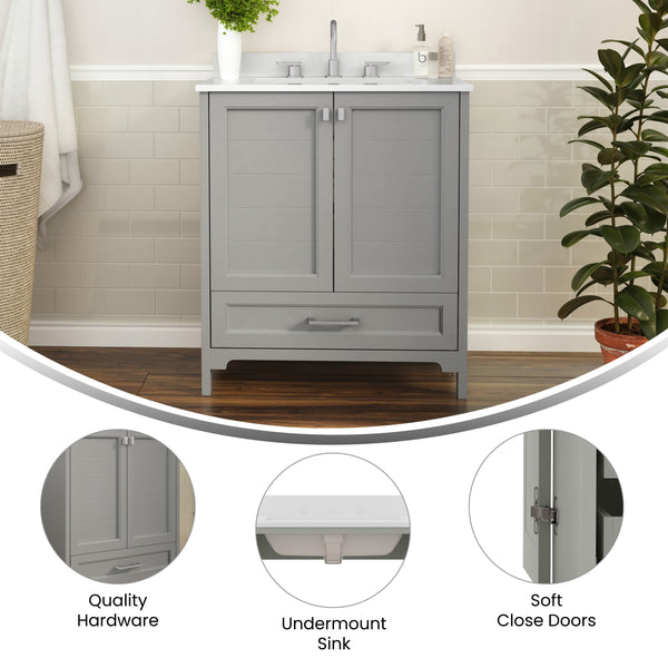 Gray,30" |#| 30 Inch Bathroom Vanity with Undermount Sink, Cabinet, and Drawer in Gray