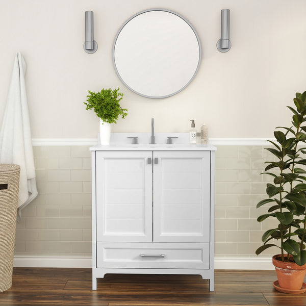 White,30" |#| 30 Inch Bathroom Vanity with Undermount Sink, Cabinet, and Drawer in White