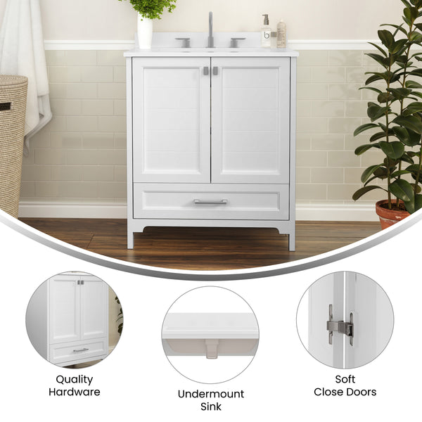 White,30" |#| 30 Inch Bathroom Vanity with Undermount Sink, Cabinet, and Drawer in White