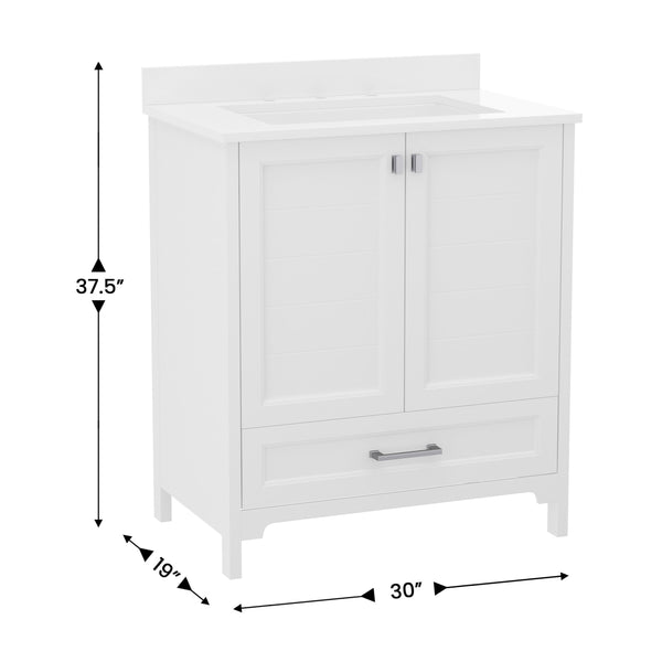 White,30" |#| 30 Inch Bathroom Vanity with Undermount Sink, Cabinet, and Drawer in White