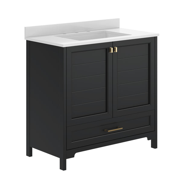 Black Frame/Gold Hardware,36" |#| 36 Inch Bathroom Vanity with Undermount Sink, Cabinet, and Drawer in Black