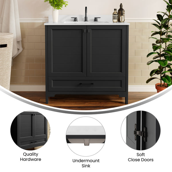 Black Frame/Black Hardware,36" |#| 36 Inch Bathroom Vanity with Undermount Sink, Cabinet, and Drawer in Black