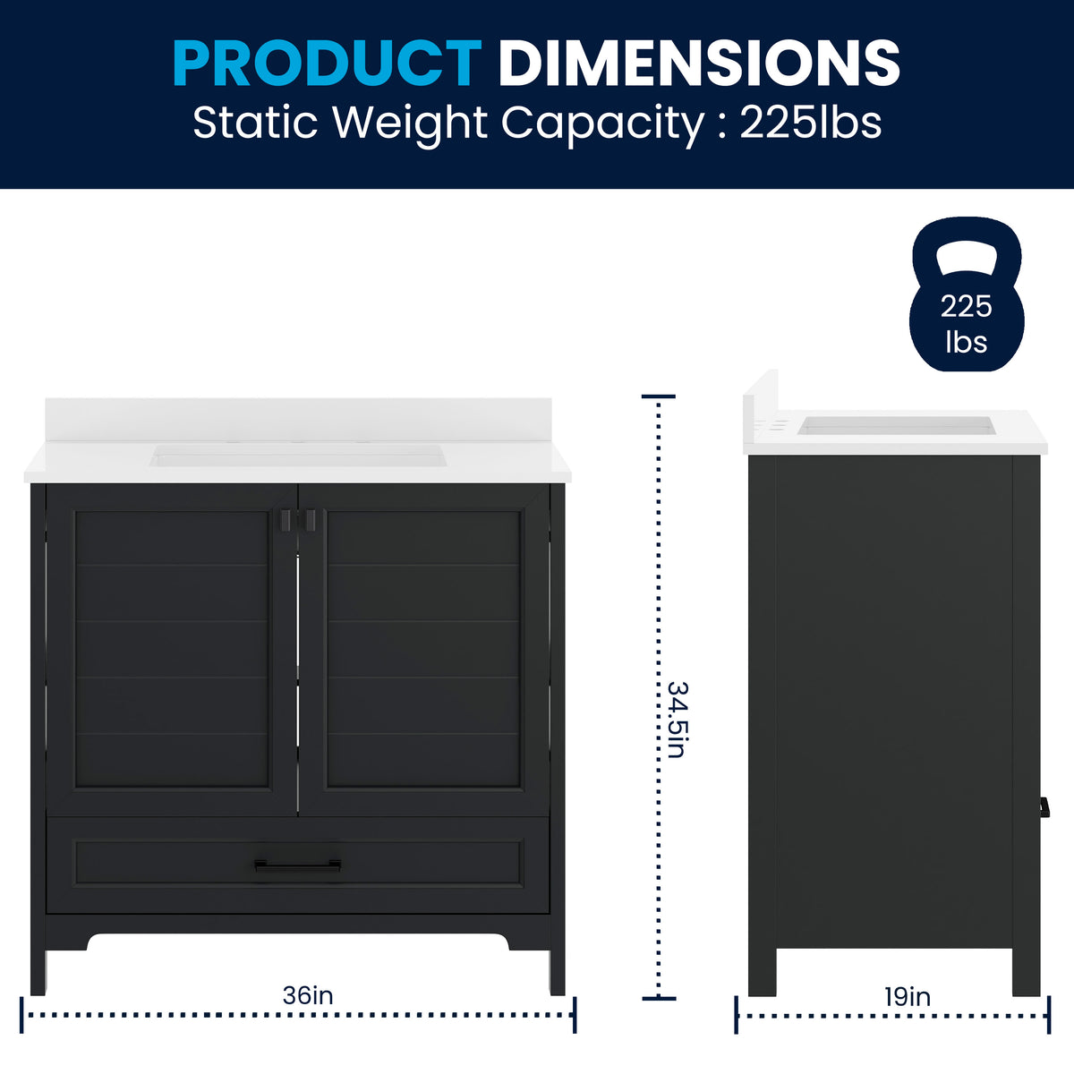 Black Frame/Black Hardware,36" |#| 36 Inch Bathroom Vanity with Undermount Sink, Cabinet, and Drawer in Black