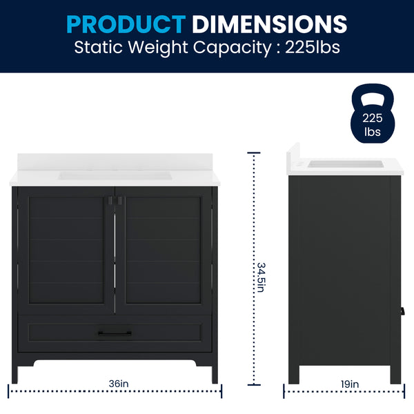 Black Frame/Black Hardware,36" |#| 36 Inch Bathroom Vanity with Undermount Sink, Cabinet, and Drawer in Black