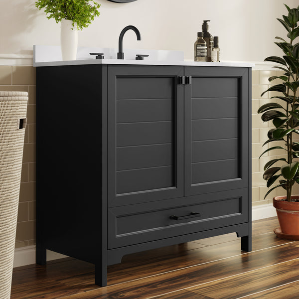 Black Frame/Black Hardware,36" |#| 36 Inch Bathroom Vanity with Undermount Sink, Cabinet, and Drawer in Black