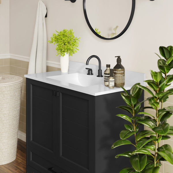 Black Frame/Black Hardware,36" |#| 36 Inch Bathroom Vanity with Undermount Sink, Cabinet, and Drawer in Black