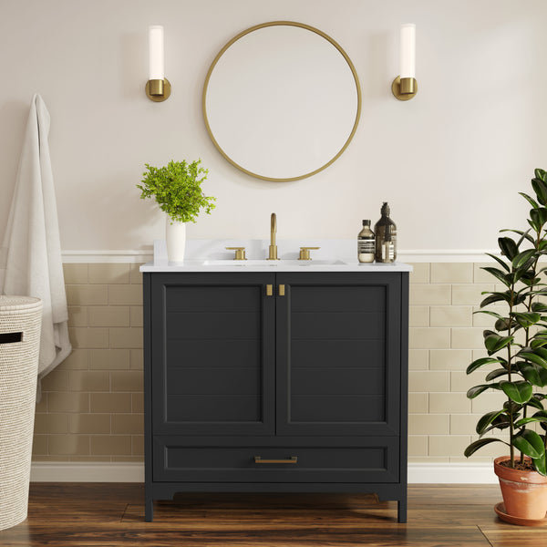 Black Frame/Gold Hardware,36" |#| 36 Inch Bathroom Vanity with Undermount Sink, Cabinet, and Drawer in Black