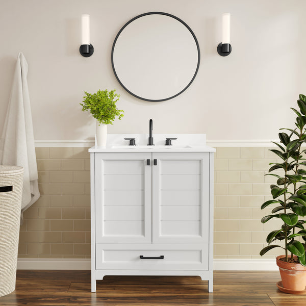 White Frame/Black Hardware,30" |#| 30 Inch Bathroom Vanity with Undermount Sink, Cabinet, and Drawer in White