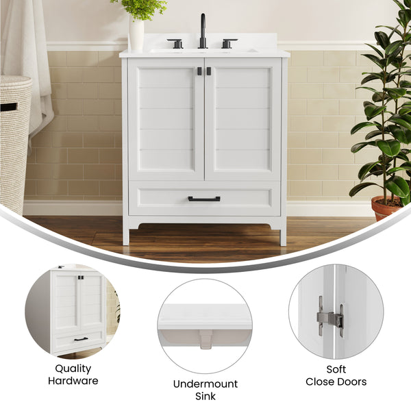White Frame/Black Hardware,30" |#| 30 Inch Bathroom Vanity with Undermount Sink, Cabinet, and Drawer in White