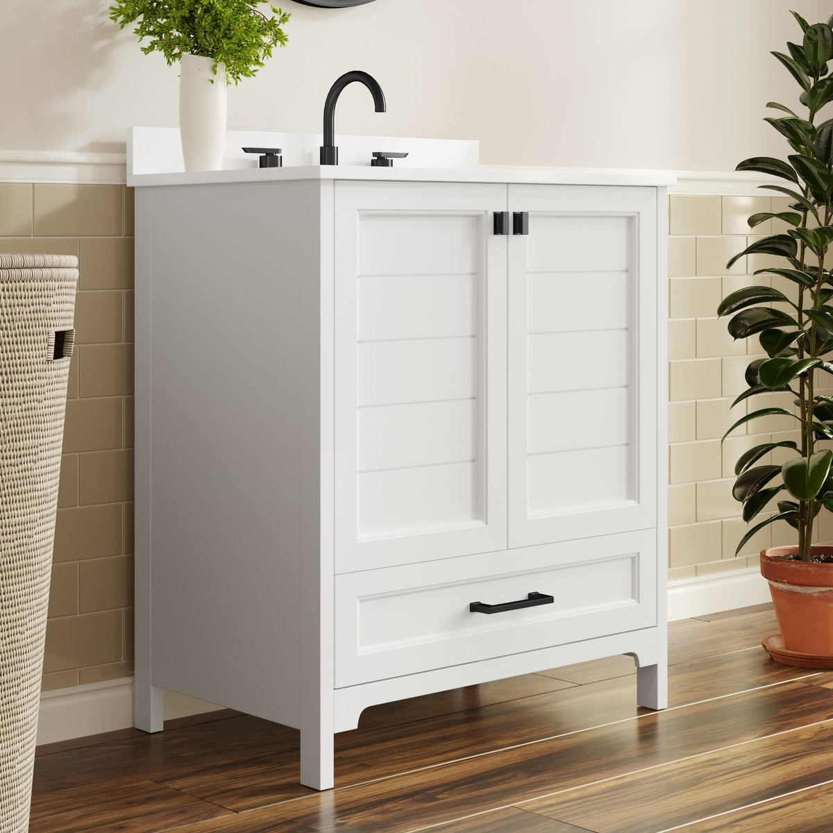 White Frame/Black Hardware,30" |#| 30 Inch Bathroom Vanity with Undermount Sink, Cabinet, and Drawer in White