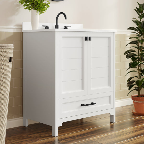White Frame/Black Hardware,30" |#| 30 Inch Bathroom Vanity with Undermount Sink, Cabinet, and Drawer in White
