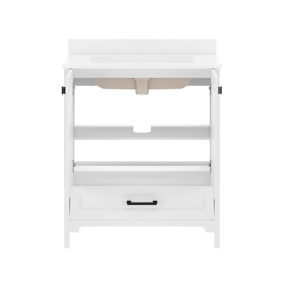 White Frame/Black Hardware,30" |#| 30 Inch Bathroom Vanity with Undermount Sink, Cabinet, and Drawer in White