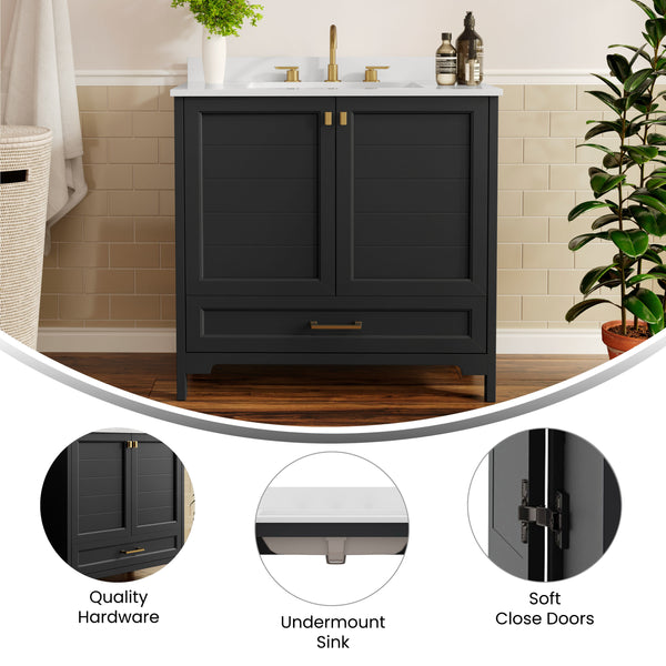 Black Frame/Gold Hardware,36" |#| 36 Inch Bathroom Vanity with Undermount Sink, Cabinet, and Drawer in Black