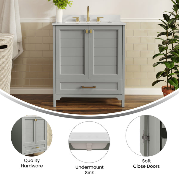 Gray Frame/Gold Hardware,30" |#| 30 Inch Bathroom Vanity with Undermount Sink, Cabinet, and Drawer in Gray