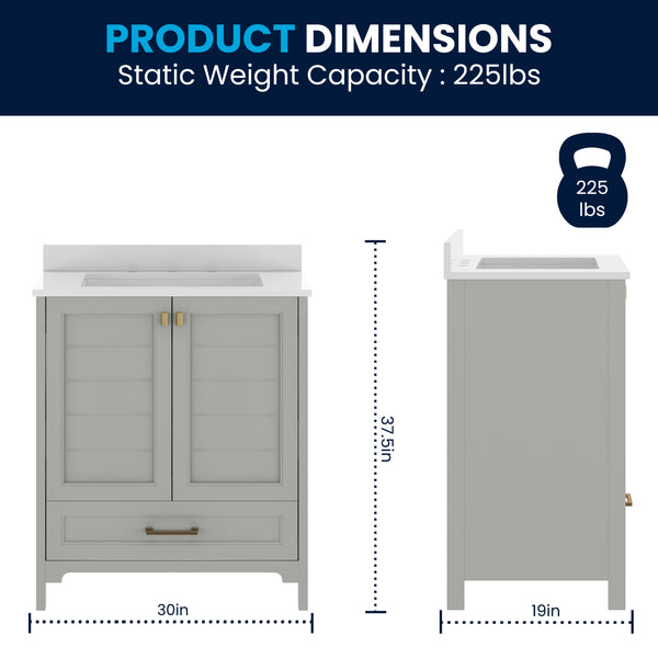 Gray Frame/Gold Hardware,30" |#| 30 Inch Bathroom Vanity with Undermount Sink, Cabinet, and Drawer in Gray