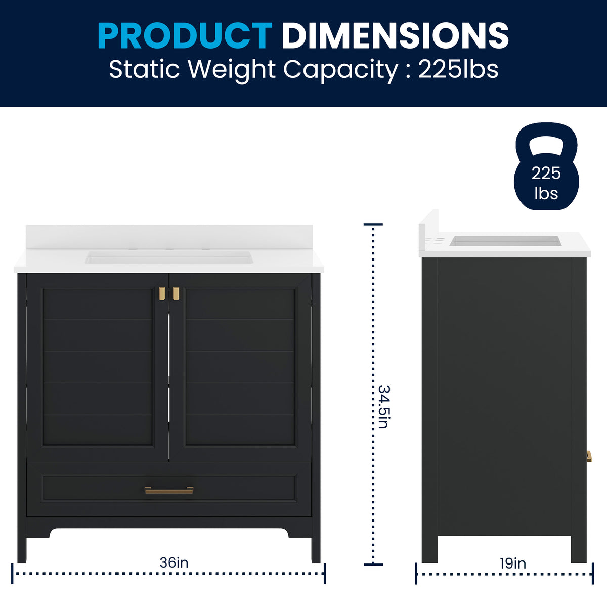 Black Frame/Gold Hardware,36" |#| 36 Inch Bathroom Vanity with Undermount Sink, Cabinet, and Drawer in Black